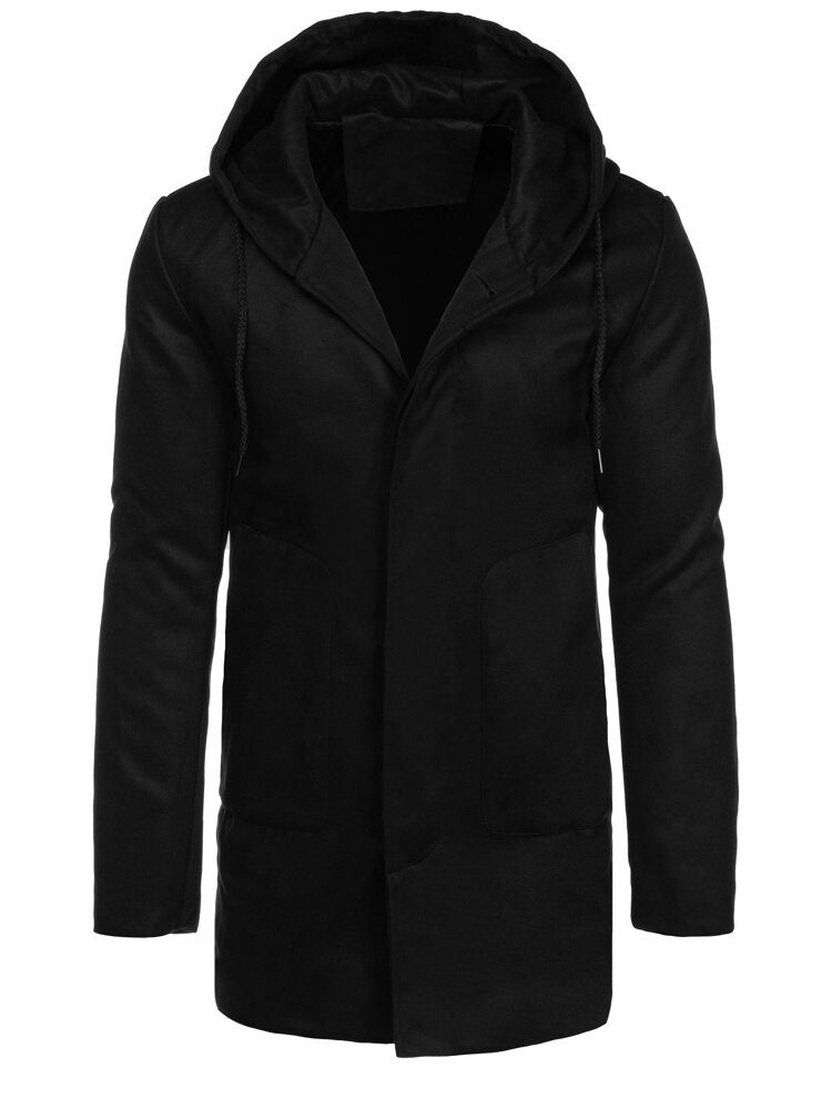 Módní černý pánský kabát s kapucí