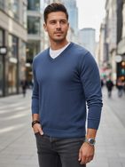 Základní modrý pánský svetr s výstřihem do V