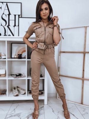 trendy béžový dámský overal s krátkým rukávem