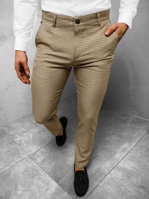 elegantní béžové kostkované pánské chinos kalhoty