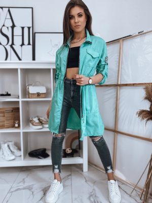 dlouhá tyrkysová dámská přechodná bunda, šedé skinny džínsy