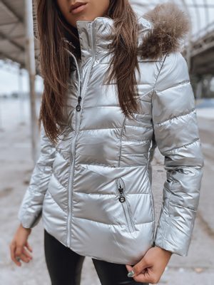 přiléhavá dámská zimní bunda v metalické stříbrné barvě