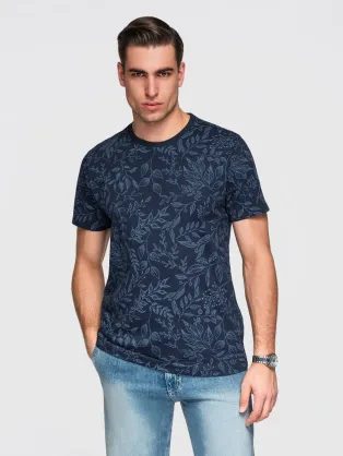 Tmavě modré pánské tričko s květinovým potiskem V4 TSPT-0262