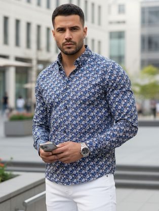 Granátová košile slim fit střihu s originálním modrým vzorem