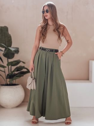 Široké kalhoty s páskem khaki FLOWES