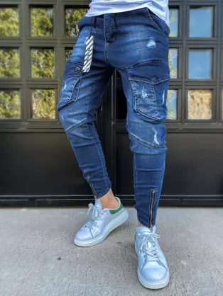 Trendové tmavě-nebesky modré kapsáčové džíny