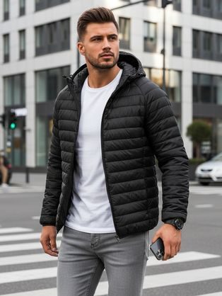 Přechodná prošívaná černá bunda s kapucí