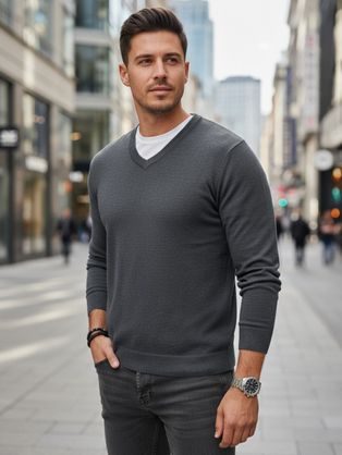 Základní grafitový pánský svetr s výstřihem do V