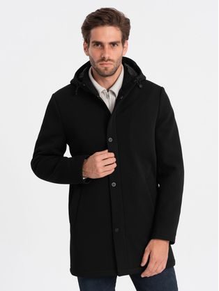 Zateplený černý pánský kabát zajímavého střihu V1 OM-cowc-0110