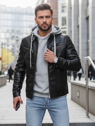 Trendy černá koženková bunda