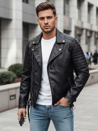 Módní černá koženková pánská bunda