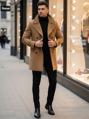 Elegantní černý kabát s dvojřadým zapínáním