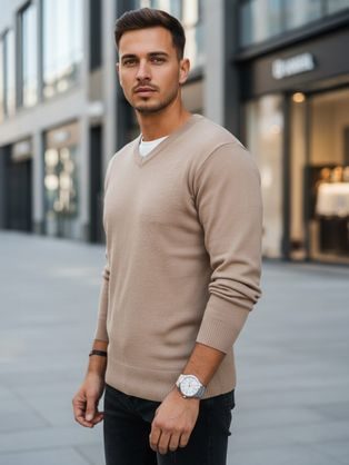 Základní hnědý pánský svetr s výstřihem do V