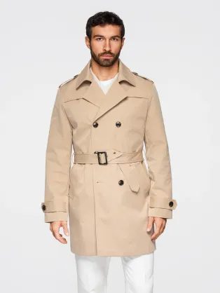 Stylový béžový plášť s páskem V1 COLC-0146