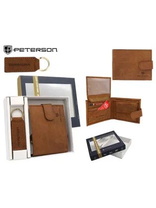 Světle hnědý kožený set Peterson - peněženka + klíčenka
