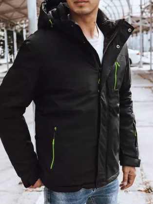 Stylová zimní černá bunda se zelenými detaily