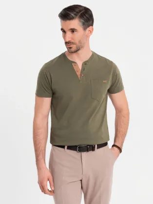 Bavlněné olivové pánské tričko s knoflíky V5 TSCT-0206
