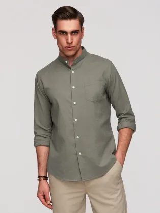 Khaki lněná košile regular fit V6 K704
