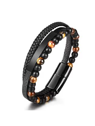 Stylový pánský vícevrstvý náramek z kůže a korálků - černý