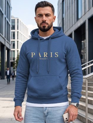 Modrá mikina s kapucí a nápisem „Paris“