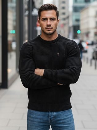 Černý pletený svetr s módními dírami