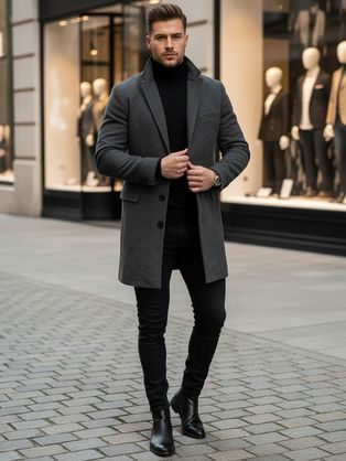 Elegantní černý kabát s dvojřadým zapínáním