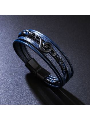 Stylový pánský vícevrstvý náramek z kůže a korálků - černý