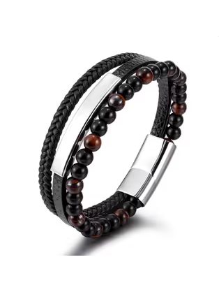 Stylový pánský vícevrstvý náramek z kůže a korálků - stříbrný