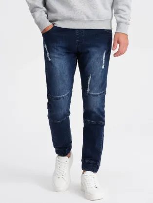 Trendy tmavě modré džínové joggery s ozdobnými oděrkami V1 PADJ-0153