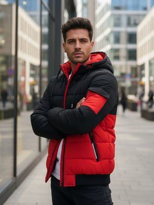 Pánská zimní bunda s kapucí v černé a červené barvě