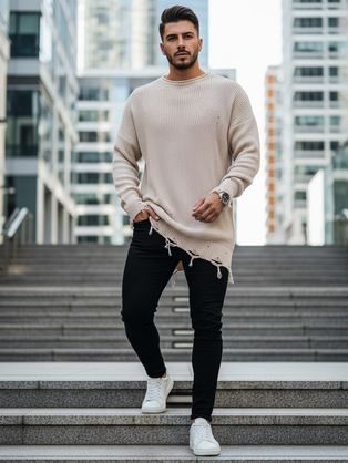 Stylový prodloužený svetr v béžové barvě