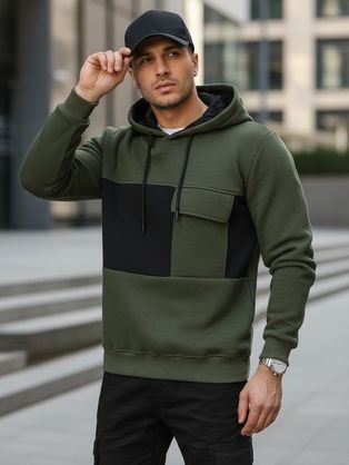 Zajímavá khaki mikina s kapsou a s kapucí