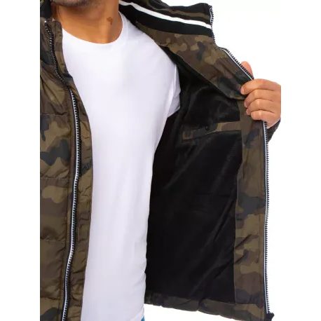 Trendy khaki zimní bunda s kapucí v maskáčovém provedení