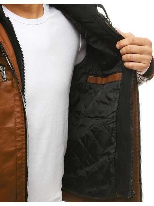 Trendová koženková bunda s kapucí v kamelové barvě