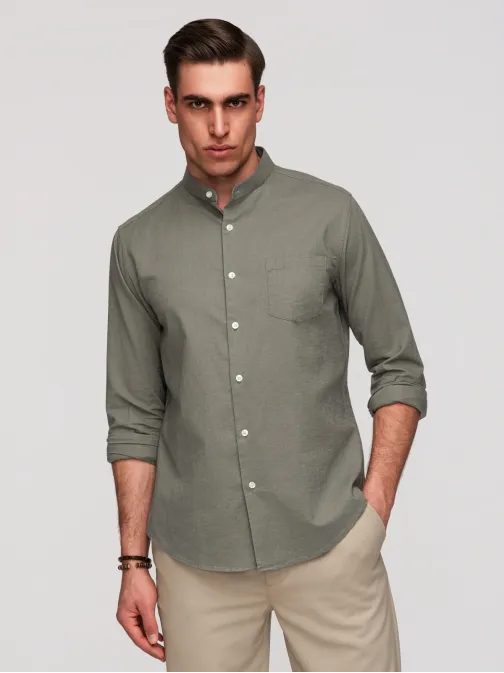 Khaki lněná košile regular fit V6 K704