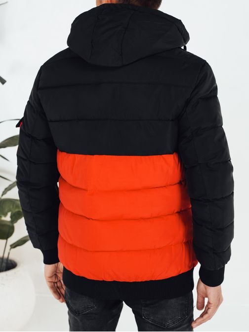 Pánská zimní bunda s kapucí v černé a oranžové barvě