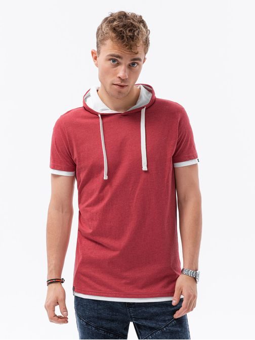 Trendové červeno-melírované tričko s kapucí S1376