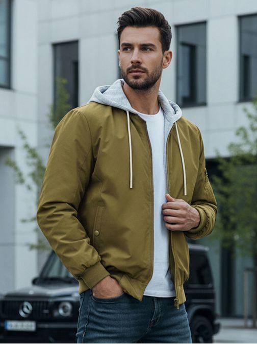 Jedinečná zelená bomber bunda s kapucí