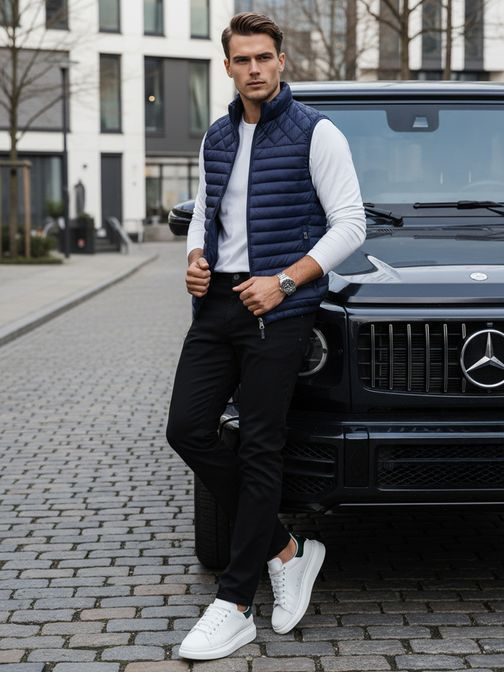 Moderní modrá pánská vesta bez kapuce