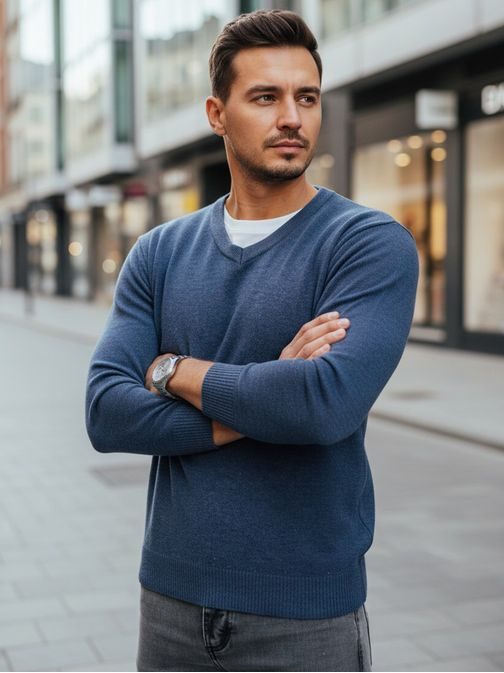 Základní modrý pánský svetr s výstřihem do V