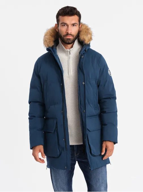 Moderní tmavě modrá pánská parka na zimu V5 JALJ-0184