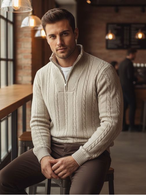 Vzorovaný pánský svetr na zip v béžové barvě