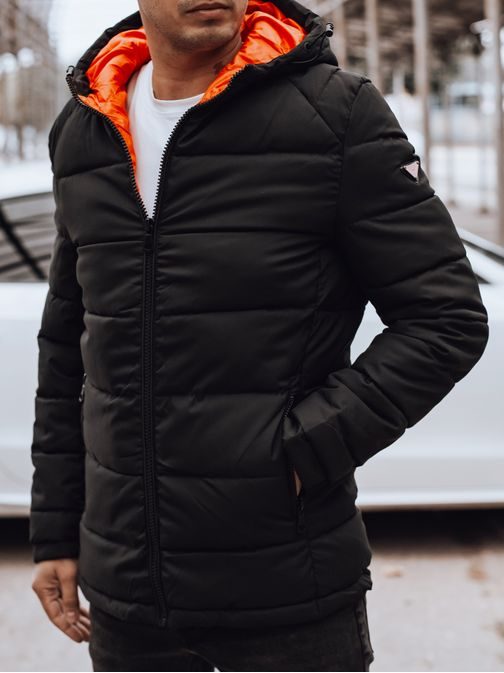 Pánská zimní černá bunda laděná do oranžova