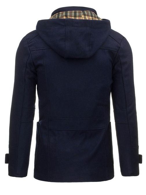 Zimní moderní tmavě modrý kabát s kapucí