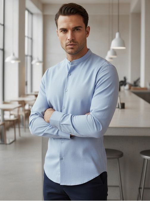 Nadčasová modrá pánská košile se stojáčkem