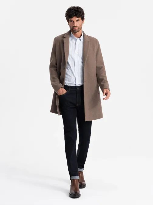 Elegantní hnědý jednořadý kabát V1 COWC-0114