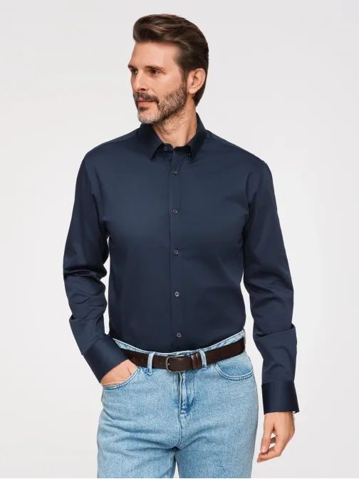 Pánská hladká tmavě modrá košile FIT SLIM V3 SHOS-0211