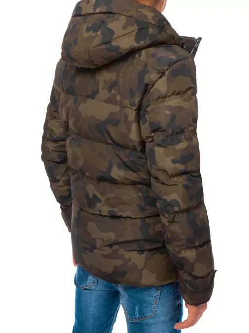 Trendy khaki zimní bunda s kapucí v maskáčovém provedení