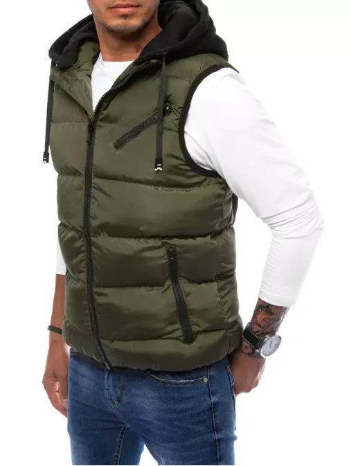 Zelená prošívaná trendy vesta s kapucí