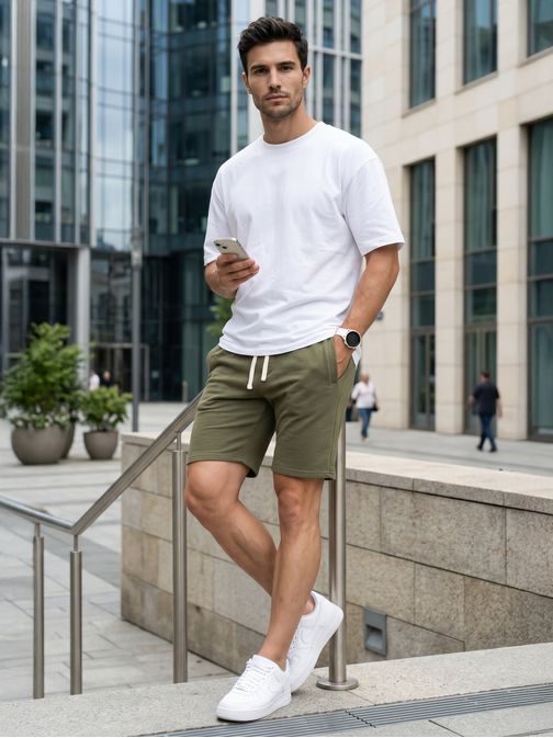 Pánské khaki teplákové šortky Basic